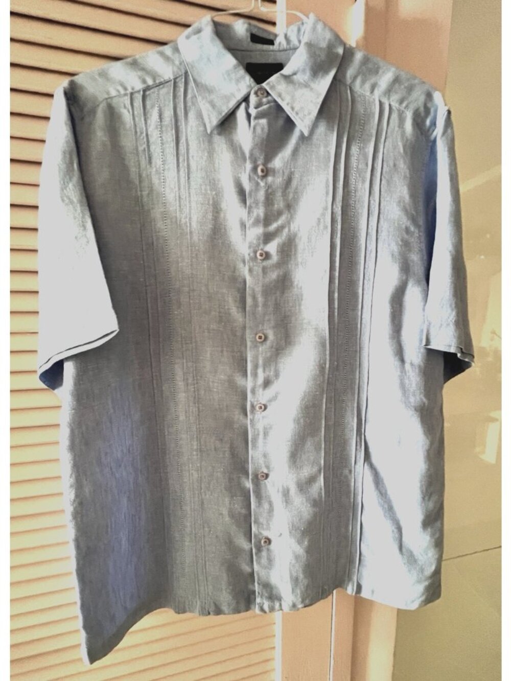Mens Sz L 100% Linen Shirt Short Sleeve Pin Tuck Pleats Button Up Blue Claiborne